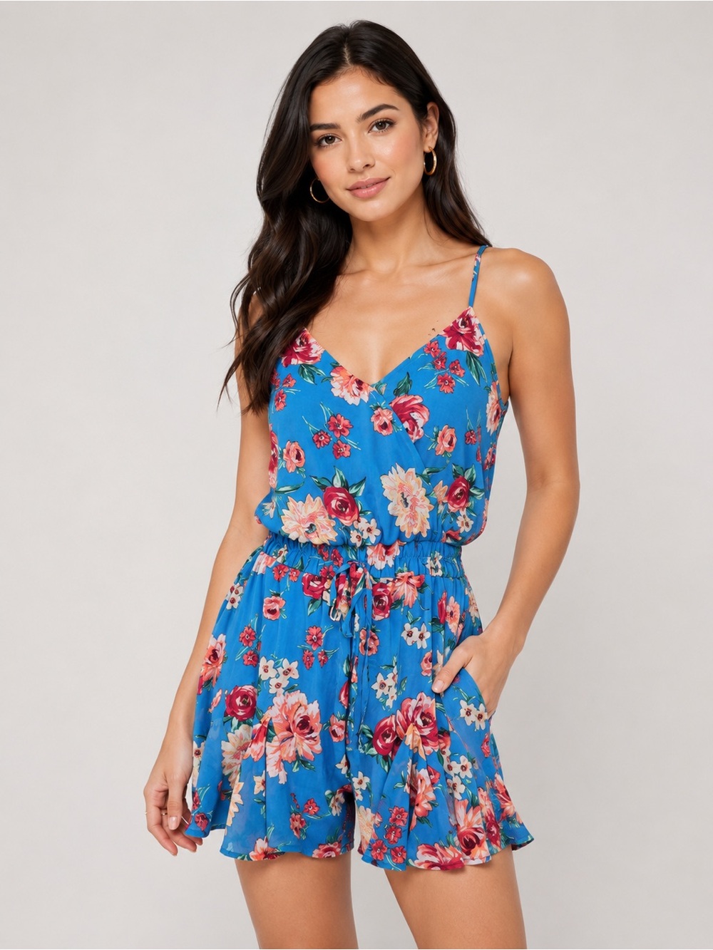 mi‎ Ami Women's Small Blue Floral Spaghetti Strap Romper Summer Fit Flare